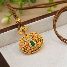 1pc Goldtone Prosperity Green Gourd Lock Pendant With Cubic Zirconia, Hollow Flower Filigree Butterfly Auspicious Lock Pendant With Inlaid Green Agate, Sweater Necklace