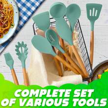 12pcs Non-Stick Silicone Kitchen Utensil Set With Wooden Handles - & Easy To Clean - Includes Spatula, Whisk, Tongs And Ladle, Comes In Storage Bucket, Great For Cooking And Baking - Multicolor - View 1