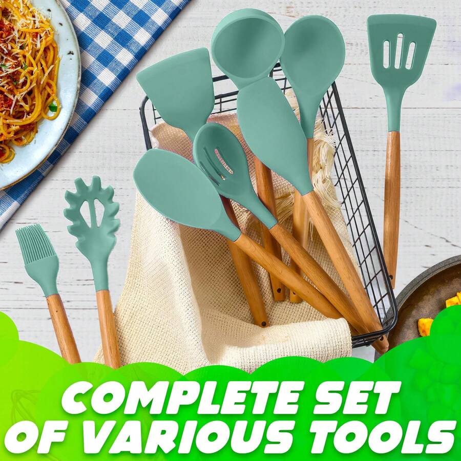 12pcs Non-Stick Silicone Kitchen Utensil Set With Wooden Handles - & Easy To Clean - Includes Spatula, Whisk, Tongs And Ladle, Comes In Storage Bucket, Great For Cooking And Baking - Multicolor - View 1