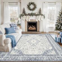 Gdieo Area Rugs For Living Room, Machine Washable Vintage Floral Carpet, Non-Slip Low Pile Throw Rugs With Rubber Backing Washable Carpet For Bedroom Room, Navy Blue And White Rug For Home Decor. - Blue - View 14