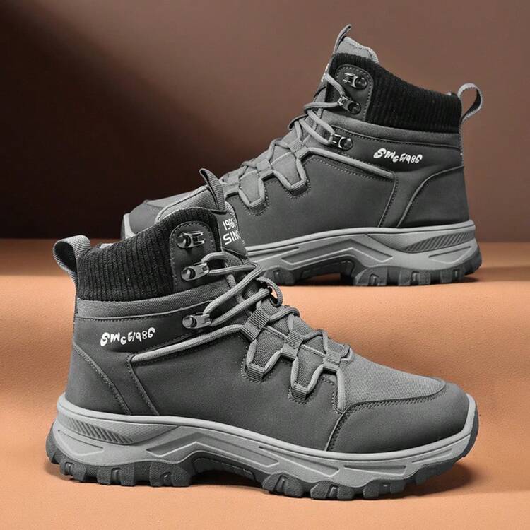男士秋冬新款徒步靴，防滑耐用户外露营鞋，高帮工装靴 - 灰色 - 查看 5