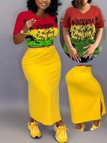 V-Neck Letter Print Short-Sleeved T-Shirt + Side Slit Solid Color Long Skirt Suit, Plus Size Skirt Suit, Comfortable And Stretchy Fabric, Suitable For Daily Leisure Commuting - 紅色 - 查看 7