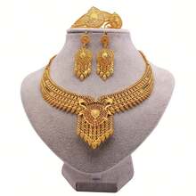 1 set de bijuterii de mireasă placate cu aur, din aliaj de zinc, design african de lux, colier, cercei, inel, brățară