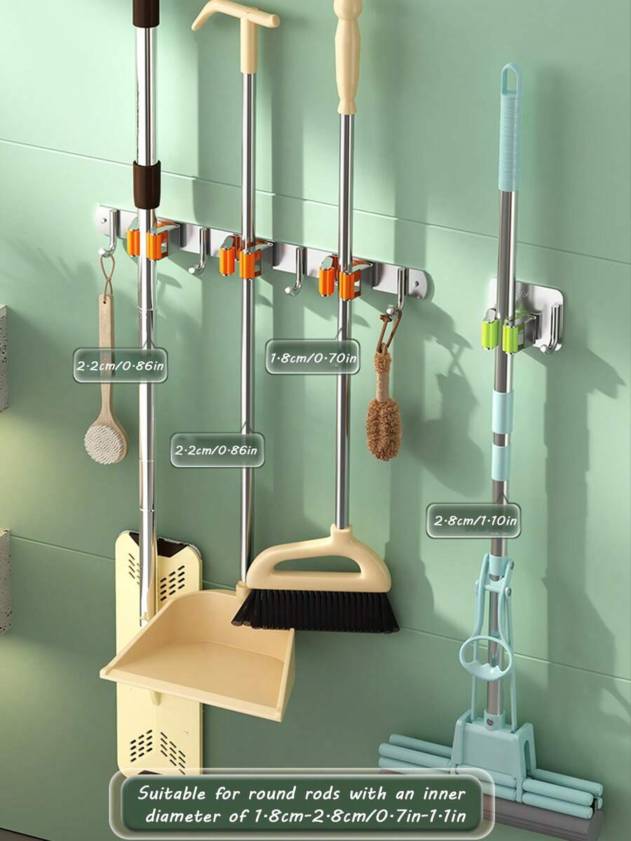 1 件不锈钢扫帚和拖把多架挂钩 - 自粘式，无需钻孔 - 通用厨房、浴室和花园、实用挂钩、实用挂钩 - 彩色 - 查看 1