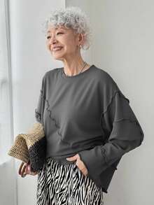 FRIFUL Women's Loose Crop Sweatshirt With Ruffle Hem, Grey, Spring - Grey - View 3