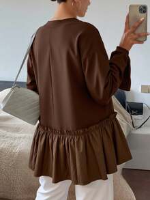 Livesso 女式拼接荷叶边圆领长袖褶皱简约休闲宽松 T 恤，秋季服装 - 棕色 - 查看 4