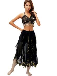 Bộ đồ múa bụng hai mảnh dành cho nữ: Áo croptop hở lưng đính sequin và chân váy chiffon bất đối xứng họa tiết lá sen. - Nhiều màu - Xem 16