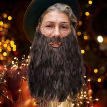 Fake Beard Costume Long Curly Brown Wizard Beard 11.81in Novelty Wizard Costume Men Fake Mustache Soft and Full False Facial Hair for Carnival Themed Party Cosplay Halloween Costume Brown - como en la foto - Ver 6