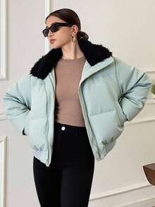 Livesso Áo khoác denim ngắn cổ bẻ cổ lông chắp vá, dáng rộng, áo khoác có đệm dành cho nữ mùa đông - Rửa nhẹ - Xem 3