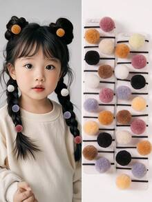 10pcs/Set Toddler Girls' Cute Fuzzy Ball Hair Ties, Random Colors, Princess Hair Accessories, Elastic Hair Bands, Everyday Use