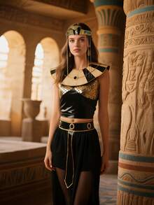 Egyptian Queen Cleopatra Costume, Black And Gold Dress With Scale Collar, Headpiece And Belt, Adult Standard Size