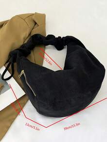 Foldable Velvet Handbag With Drawstring Shoulder Strap, Large Capacity, Vintage Style, Suitable For School, Commute, Autumn Season - Black - View 9