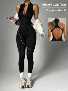 Sleeveless Workout Jumpsuit For Women Zip Up Romper Shorts V Back Scrunch Sexy One Piece Tummy Control Christmas - Black - View 1