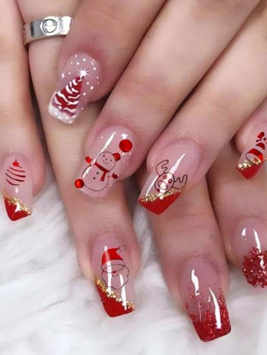 圣诞节按压式指甲，中方形，冬季雪花和雪人红色渐变光泽设计
