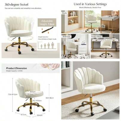Velvet Office Chair With Gold Base, Modern Cute Back Upholstered Desk Chair Vanity, Adjustable Swivel Task Living Room IVORY