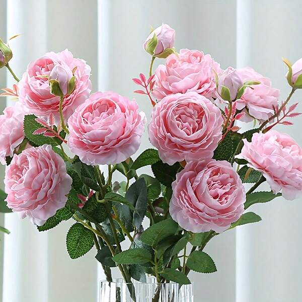 5 piezas Rosas de seda multicolor con hojas verdes artificiales blancas - Tela de alta calidad para decoraciones de sala de estar y dormitorio, bodas, Día de San Valentín, manualidades y arreglos florales para el hogar | Ramo de rosas artificiales con diseño de pétalos detallado, adornos decorativos