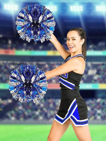 2pcs/Set Blue & Silver Pom Poms - High Index Plastic, Suitable For Dancing, Dance Accessories, Gymnastics, Sports Events And Festivals, Team Spirit Sports Cheering