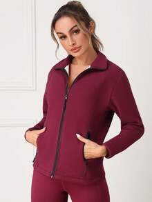 Damen Outdoor Fleecejacke, einfarbig, modisch-Lässig mit Taschen, dick gefüttert, slim fit, geeignet für Herbst/Winter Yoga, Fitness, Laufen, Outdoor-Sport, Rot