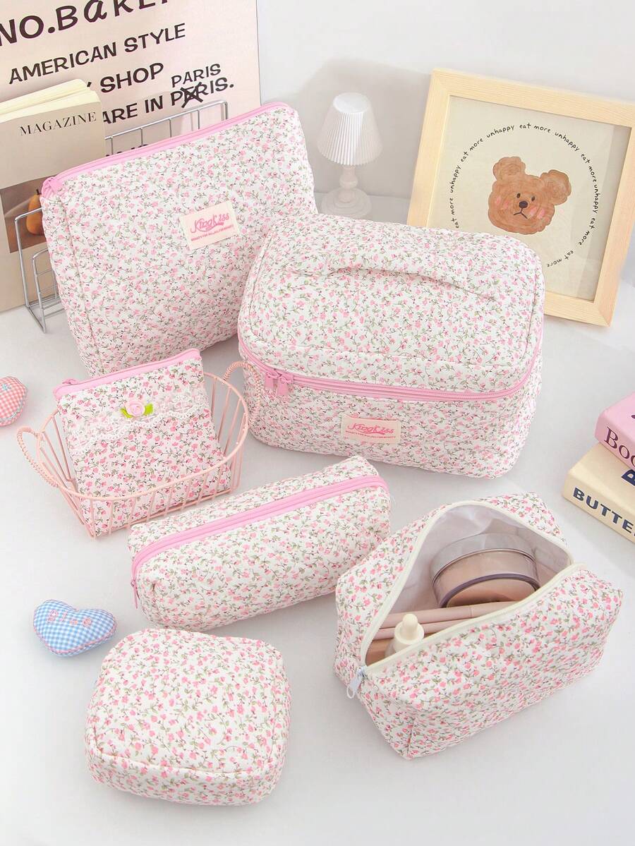 1个粉色碎花绗缝大容量化妆包,时尚便携化妆包,女孩旅行化妆包,多功能收纳包,可装口红、卫生巾、硬币、钥匙、发夹、发圈等,可爱洗漱包,旅行化妆收纳包,母亲节礼物,开学礼物,新年礼物 - 粉色 - 查看 1