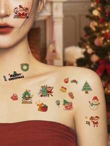 (30 szt./zestaw) Kolorowe tymczasowe tatuaże świąteczne z motywem Świętego Mikołaja, płatków śniegu, prezentów, lalek, choinek, balonów, pończoch, sań i innych, wodoodporne i półtrwałe, odpowiednie na palce, ramiona, za uszy, kostki, obojczyki, twarz i inne obszary, idealne jako prezenty świąteczne dla przyjaciół - Wielokolorowe - Zobacz 5