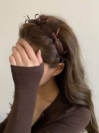 1pc Brown Tone Thin Ribbon Bow Headband, Elegant French Style Hair Accessory ,Hair Hair Hoop