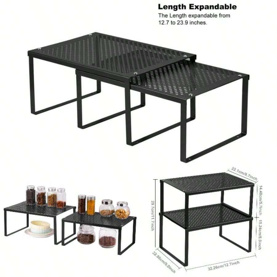 2 - Pack Kitchen Cupboard Cabinet Organizer, Counter Shelf Organizer, Stackable Expandable Shelf Insert Storage Rack Bathroom, Kitchen, Laundry Room - Black - View 1