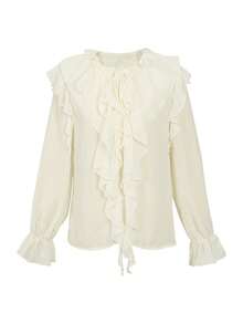 Women's Elegant Commuter Layered Lace Semi-Sheer Long Sleeve Blouse, Suitable For Spring, Summer And Autumn - Apricot - View 4