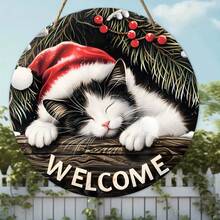 1pc Christmas Gift For Cat Lovers, Comfortable Sleeping Cat Wooden Welcome Sign, 20cm Round Festive Hanging Decoration On The Front Door Wall, Festive Home Home Decoration, Great Gift For Friends