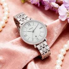 Fossil Jacqueline Kristalle elegante Quarz-Damenuhr ES3545 mit lesbaren römischen Ziffern, silbernes Edelstahlgehäuse, rund, geeignet für täglichen Geschäfts-, Dinner- und Datetragegebrauch, perfektes Geschenk für Mutter, Freundin, Geliebte