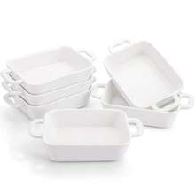Foraineam Juego de 6 utensilios para hornear platos de soufflé de porcelana blanca ramekins 61/4 x 43/4 pulgadas rectangulares para hornear con asas dobles - Blanco - Ver 3
