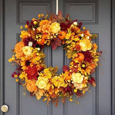 1pc Handmade Christmas Wreath - Elegant Autumn/Winter Door Hanging Decor With Golden Details, Durable Faux Leaf Wreath, Suitable For Fireplace, Wall, Dining Table - No Additional Accessories Needed, Easy To Hang, Perfect For Christmas, Christmas Wreath, Front Door, Holiday Home Decor, Intricate Design, Craftsmanship, Holiday Decoration, High-Quality Leaves, Holiday Shopper, Fall Wreath, Autumn Door Wreath, Artificial Floral Decor