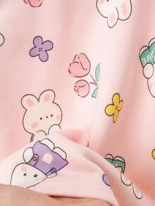 2pcs Girls Thickened Warm Underwear Set, Cartoon Floral Rabbit Print, Thermal Lined Pajamas For Autumn/Winter - Pink - View 6
