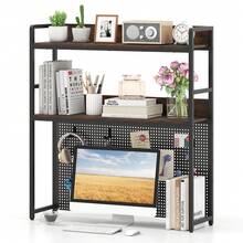 2-Tier Countertop Desktop Bookshelf W/ Metal Pegboard 2 Anti-Tipping Devices - Black - View 10