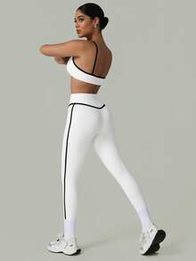 GOSOUER 2 件套 CO Ord 套装春夏女士时尚白色线条瑜伽运动文胸和紧身裤 - 白色 - 查看 7