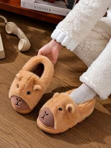 1 par de pantuflas de invierno para mujer con suela gruesa antideslizante y forro térmico, estilo Capibara - Marrón claro - Ver 3