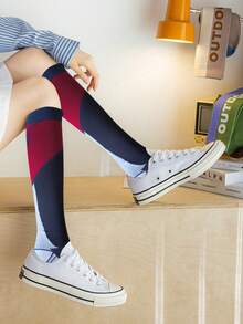 1 par de calcetines de compresión de bloques de color para exteriores, calcetines de esquí, calcetines de compresión elásticos largos, mangas de compresión para tobillos transpirables y protectoras, adecuados para correr, senderismo, ciclismo, baloncesto, tenis y otros deportes