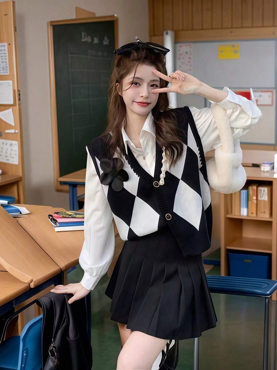1pc Academic Elegant Mature Student JK Uniform Costume Set, COSPLAY Role Play Outfit For Holiday Party, Performance, Stage Wear, Includes Blouse + Skirt + Vest