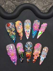 10-Piece Y2K Style Handcrafted Square Press-On Nails Set - Handmade With Handcrafted Ladybugs, Colorful Carved Butterflies, Pink-Blue Small Flowers, Yellow-Blue-White-Purple-Brown French Tips, As Well As Sparkling Blue-Pink-White Rhinestones And Golden Small Steel Ball Accents. Suitable For Women And Girls, Ideal For Parties, Festivals And Daily Wear. Includes A Tool Kit, Handmade Press-On Nails, Fake Nail Tips And Nail Supplies. (Random Delivery) - 隨機 - 查看 4
