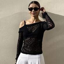 Livesso Women's Lace Asymmetric Neck Slim Fit Crop Top, White, Spring/Summer Sheer Long Sleeve Women Tops,Fall Women Clothes - Black - View 7
