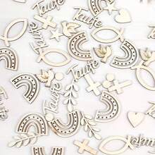 1 paquet d'environ 100 pièces de confettis en bois, décorations de table avec des pigeons arc-en-ciel, des poissons, des croix et des points. Confettis de table pour le baptême, la naissance, la communion, le baptême, la confirmation, les faveurs de fête, la décoration de fête.