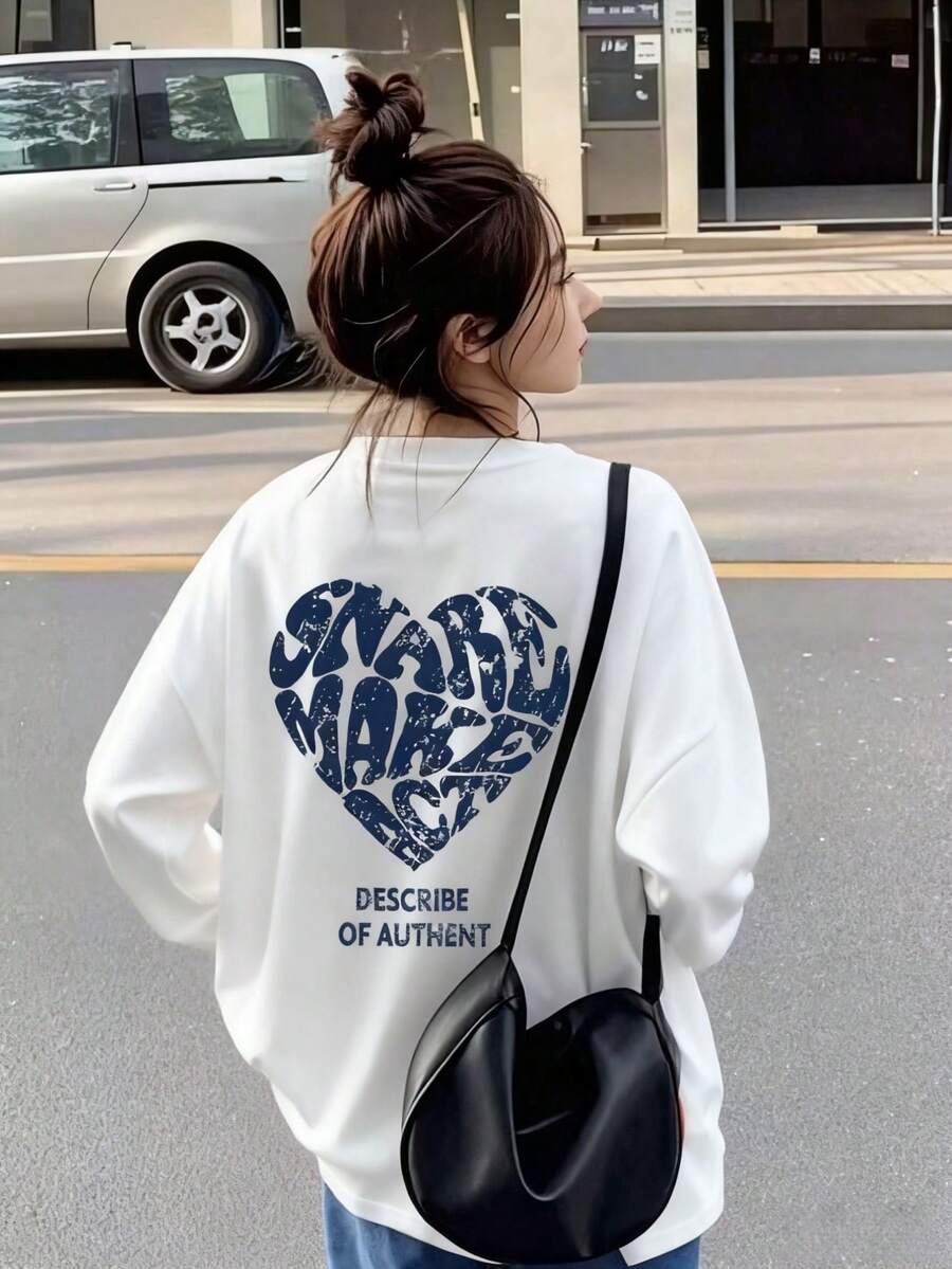 心形印花长袖圆领 T 恤，休闲宽松百搭女式上衣，秋季