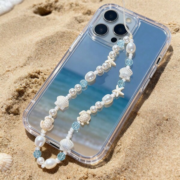 1pc Ocean Theme Shell Beaded Phone Lanyard, Short Phone Case Wrist Strap, Beaded Chain Camera Hanging Decor For Women