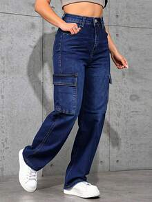 Pantalones vaqueros de tiro alto color azul oscuro estilo cargo, diseño con múltiples bolsillos, tejido suave y elástico, estilo casual y versátil - Azul lavado oscuro - Ver 3