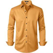 Men's Stretch Wrinkle-Free Long Sleeve Button-Down Formal Prom Wedding Dress Shirts With  Elements - 金色 - 查看 1