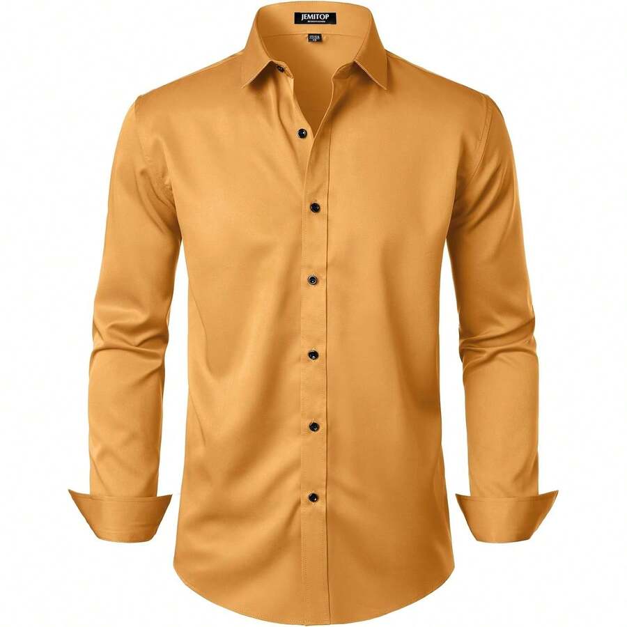Men's Stretch Wrinkle-Free Long Sleeve Button-Down Formal Prom Wedding Dress Shirts With  Elements - 金色 - 查看 1