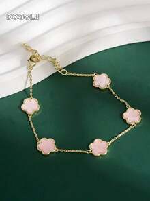 1PC Fashion Copper Flower Decor Chain Bracelet For Women – Elegant Daily Wear Jewelry, Perfect Gift For Valentines, Moms & Mother's Day - 粉色 - 查看 2