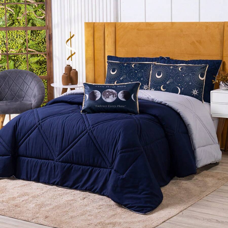 Kit Edredom Cobertor SOLTEIRO Astros Azul Marinho com Almofada Estampada 04 Peças - Dupla Face Percal 300 Fios Toque Macio Acetinado Tecido Pantografado em Linha Decoração Astrologia Signos Estrelas Espaço Fases da Lua Astronomia Universo