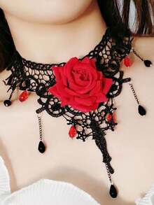 Naszyjnik choker w stylu gotyckiej lolity z motywem róży, odpowiedni na Halloween, wesela i do noszenia na co dzień