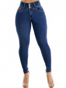 Women's Butt Lifting Jeans, High Stretch Tummy Control Skinny Pants, Fashionable Elegant Casual Trousers Suitable For Dates, Commuting, Shopping - 中等水洗藍 - 查看 4