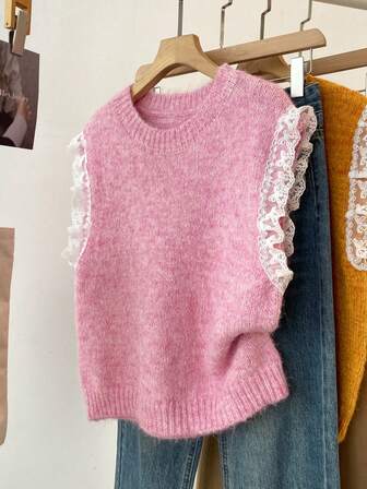Enfärgad mångsidig ärmlös väst för kvinnor, stickad tröja med fransk spets och lapptäcke, rosa vintertröja för damer